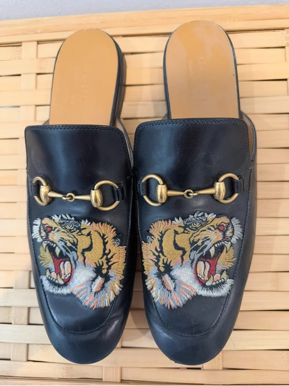 Gucci Black Leather Tiger Embroidered Horsebit Slip-On Mules